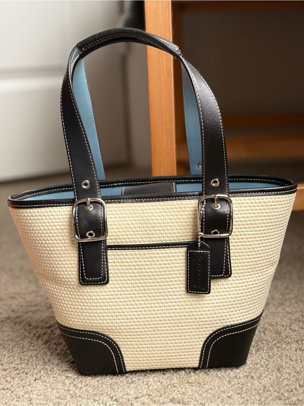Vintage Coach 4467 Straw Leather Mini Tote Bag Black Trim Y2K Authentic